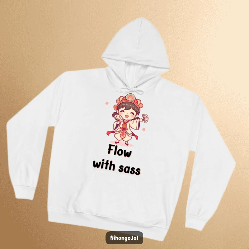 Funny happy character performing a traditional fan dance with a fan, depicted on a warm, cozy hoodie, embodying festive movement.