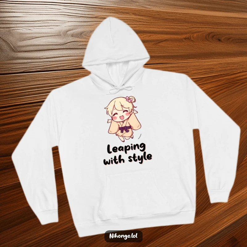 Funny Hoodie depicting a playful character in a kimono mid-jump, offering warmth and humorous style.