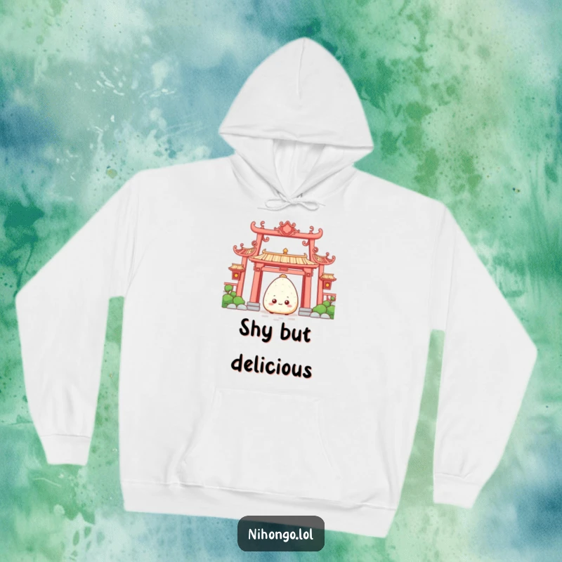 Funny Hoodie: A shy onigiri peeking from behind a grand temple gate, a humorous and cozy hoodie for introverts.