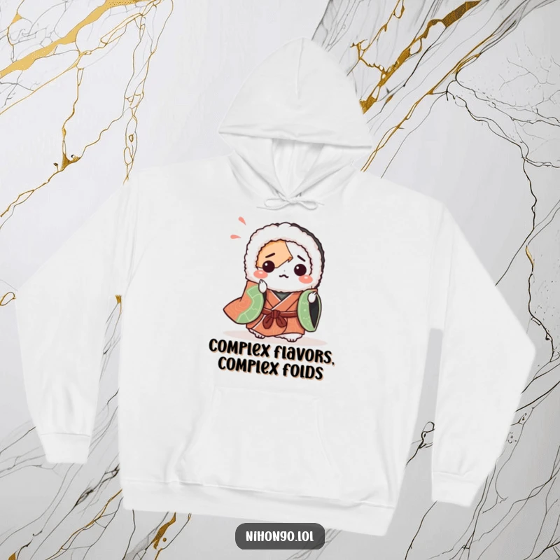 Funny hoodie featuring a sushi roll in a kimono trying origami, looking bewildered. Conveys humor in culinary and artistic endeavors.