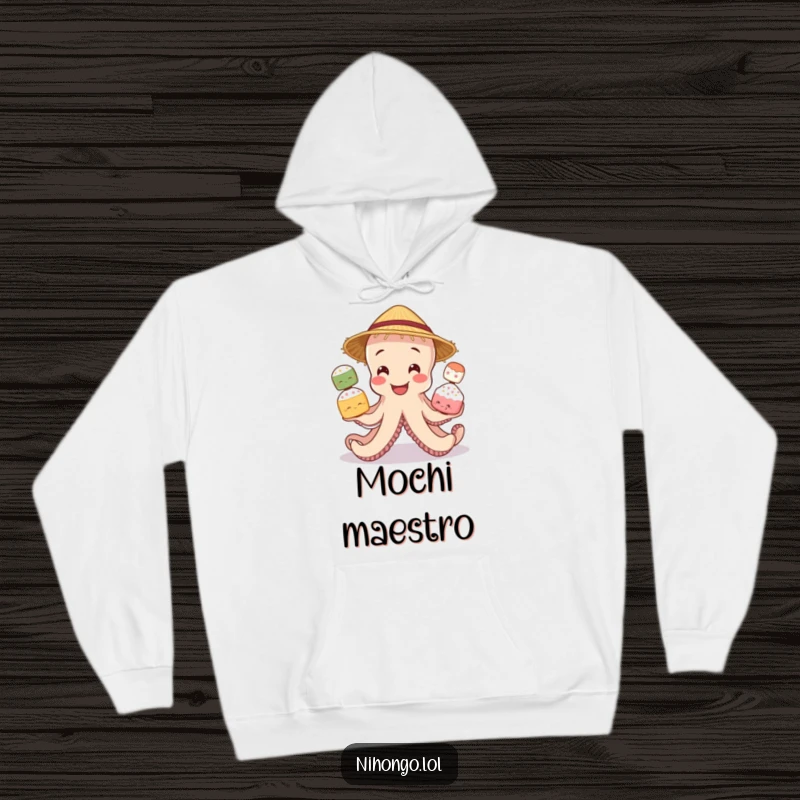 Funny hoodie featuring a smiling octopus wearing a straw hat, demonstrating impressive juggling skills with various mochi treats.