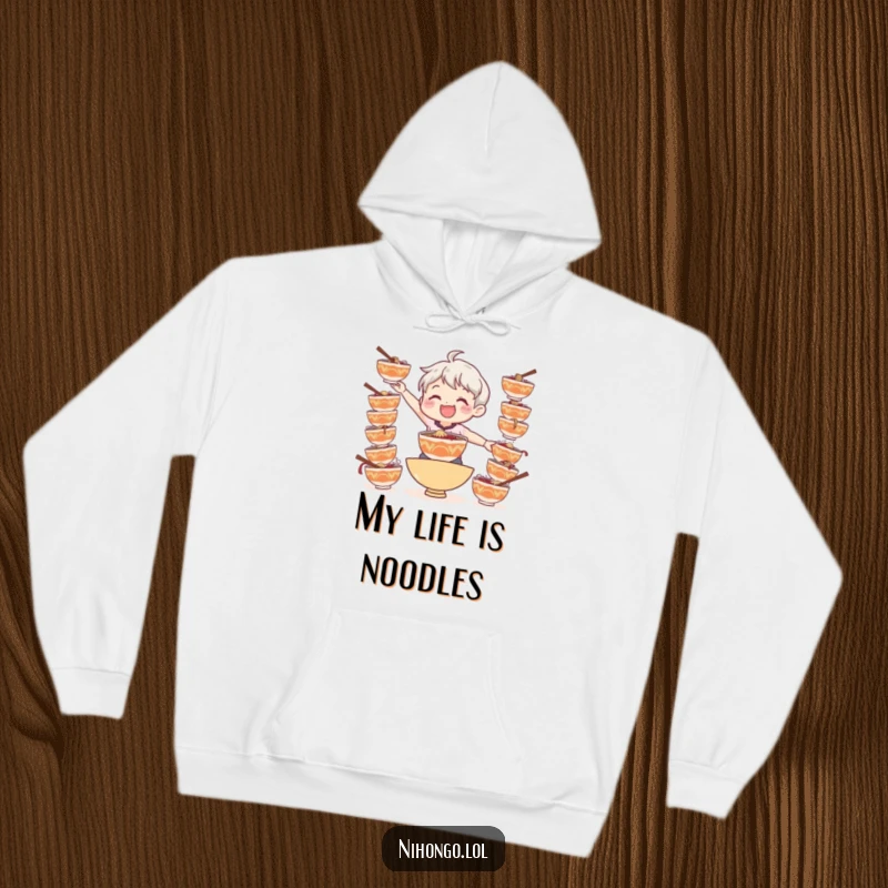 Funny hoodie showing a smiling character precariously balancing many bowls of steaming ramen, a joyful challenge.