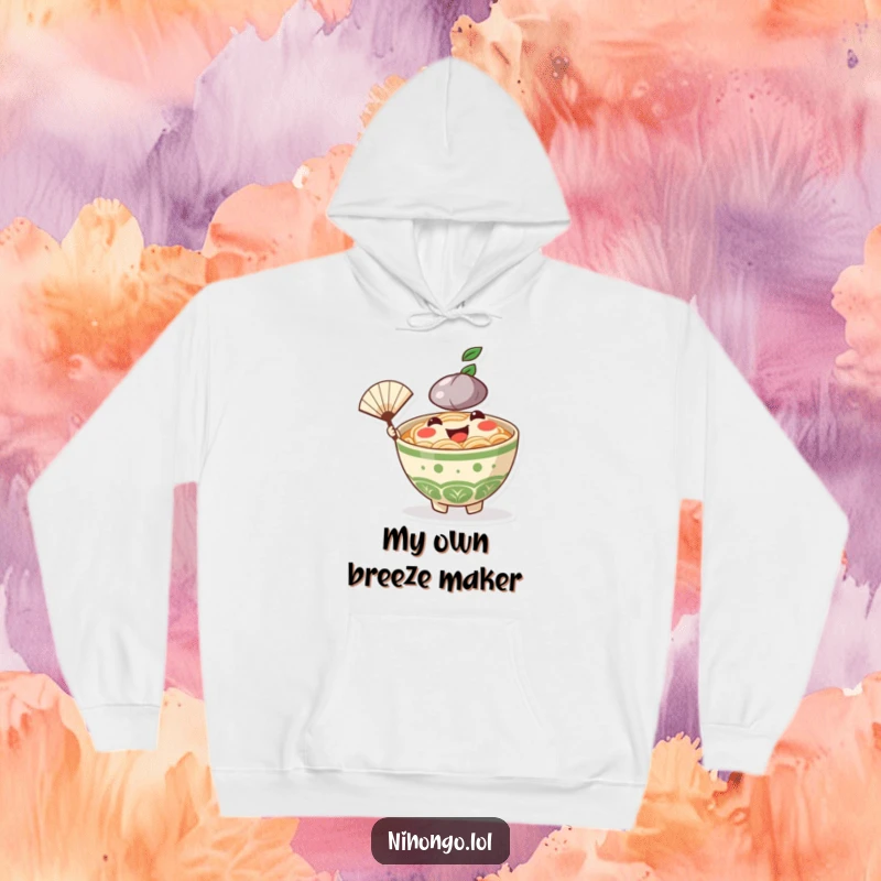 Funny Ramen Bowl Hoodie: A delightful, smiling ramen bowl character energetically fanning, embodying cheerful comfort.