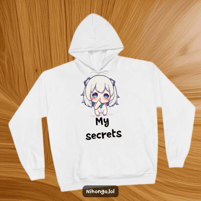 Funny hoodie featuring a character in a secretive stance, whispering with a finger to their lips, suggesting a hidden plot.