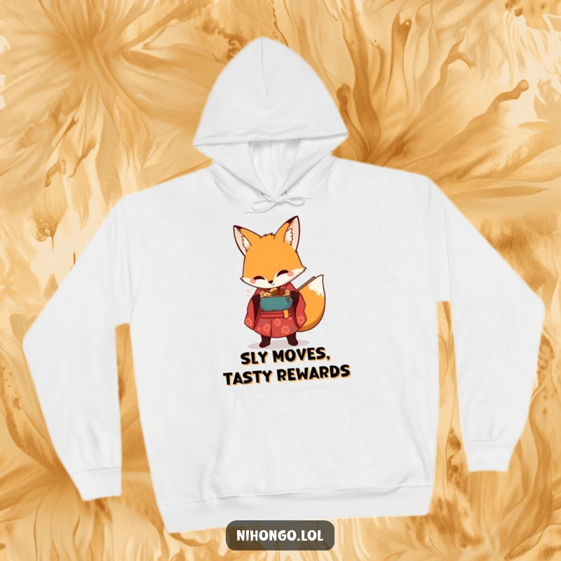 Funny hoodie showcasing a sneaky fox sporting a tiny kimono, attempting to pilfer a steaming bowl of ramen in a humorous scene.