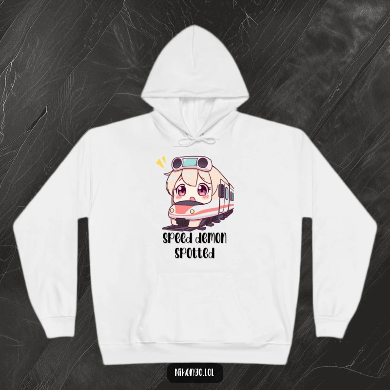 Funny hoodie depicting a character with wide-open eyes, looking shocked at a tiny, speeding bullet train.