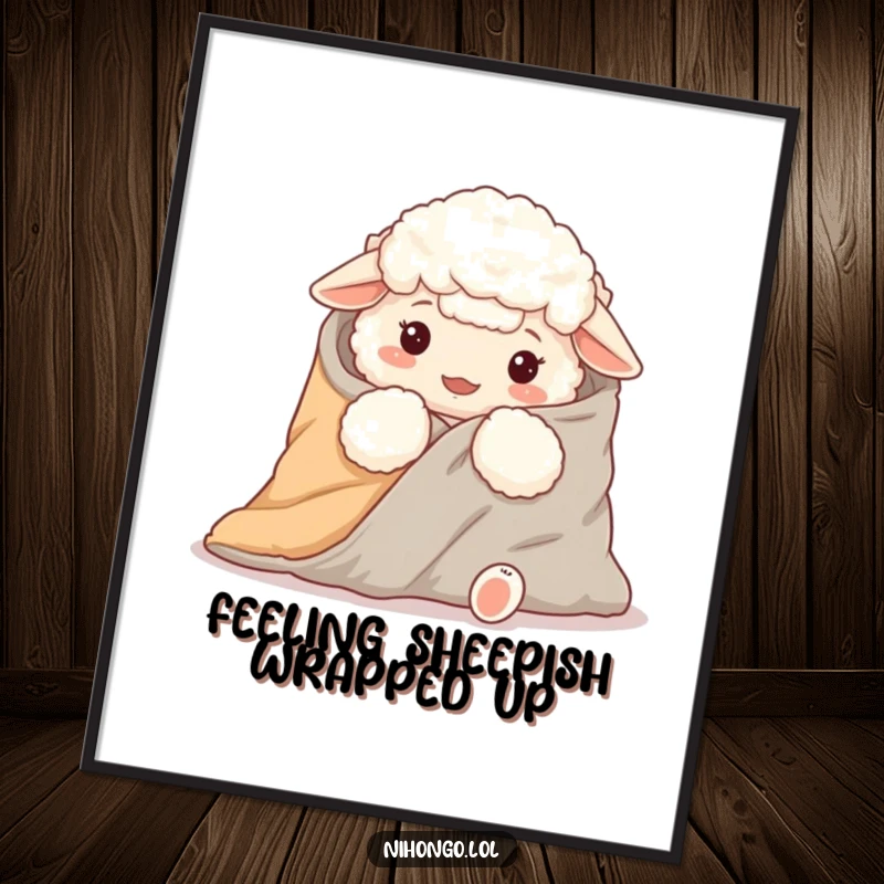 Funny Free Printable Wall Art: A fluffy sheep comically tries to wrap itself completely inside a large futon blanket.
