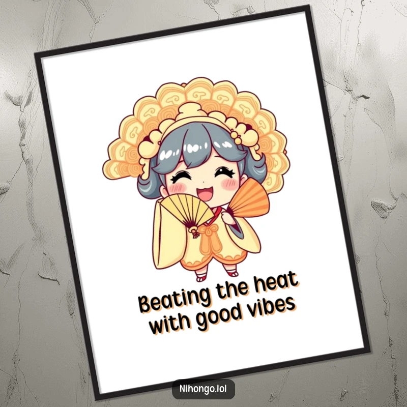 Funny Free Printable Wall Art: A joyous character beams while waving a large, ornate fan with flair.