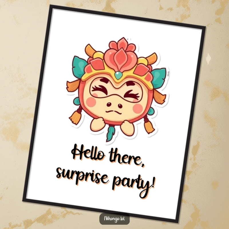 Funny Free Printable Wall Art: A playful character hidden behind a festival mask, offering a cheeky wink.