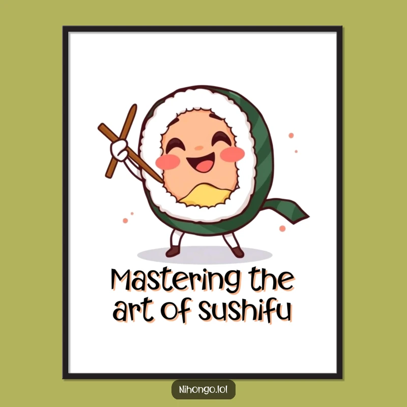Free Printable Wall Art: Sushi's Comedic Sword Dance - Funny Downloadable Decor