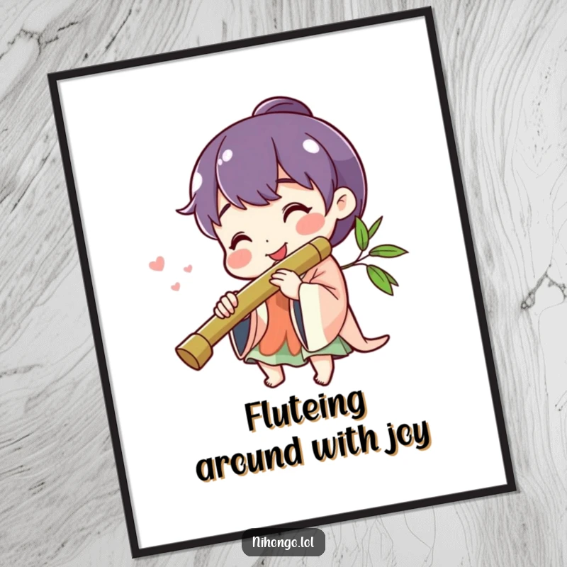 Funny free printable wall art: A very cheerful character with a big smile, playing a bamboo flute, creating a joyful atmosphere.