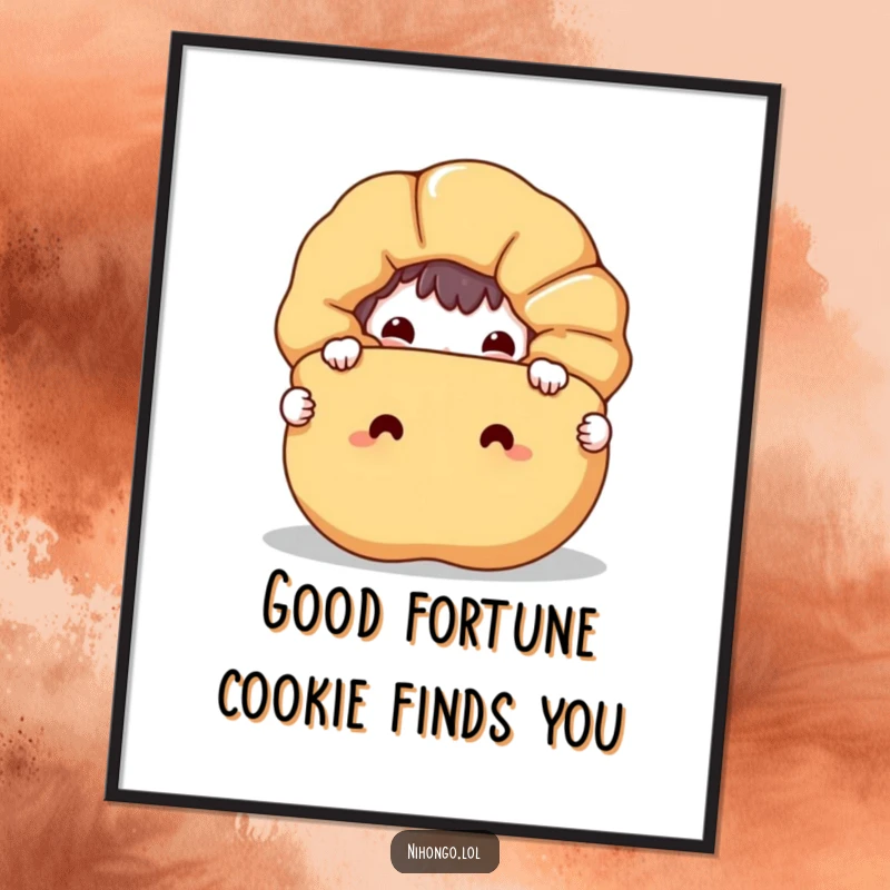 Funny Free Printable Wall Art: Mischievous character peeking out from behind a giant, smiling fortune cookie, full of playful energy.