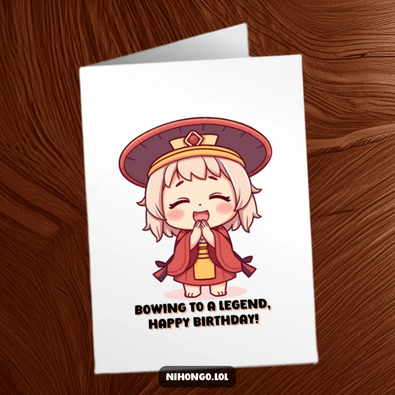 Funny Free Printable Birthday Card: Cute character in Japanese hat bowing deeply, expressing birthday joy, perfect for print-at-home humor.