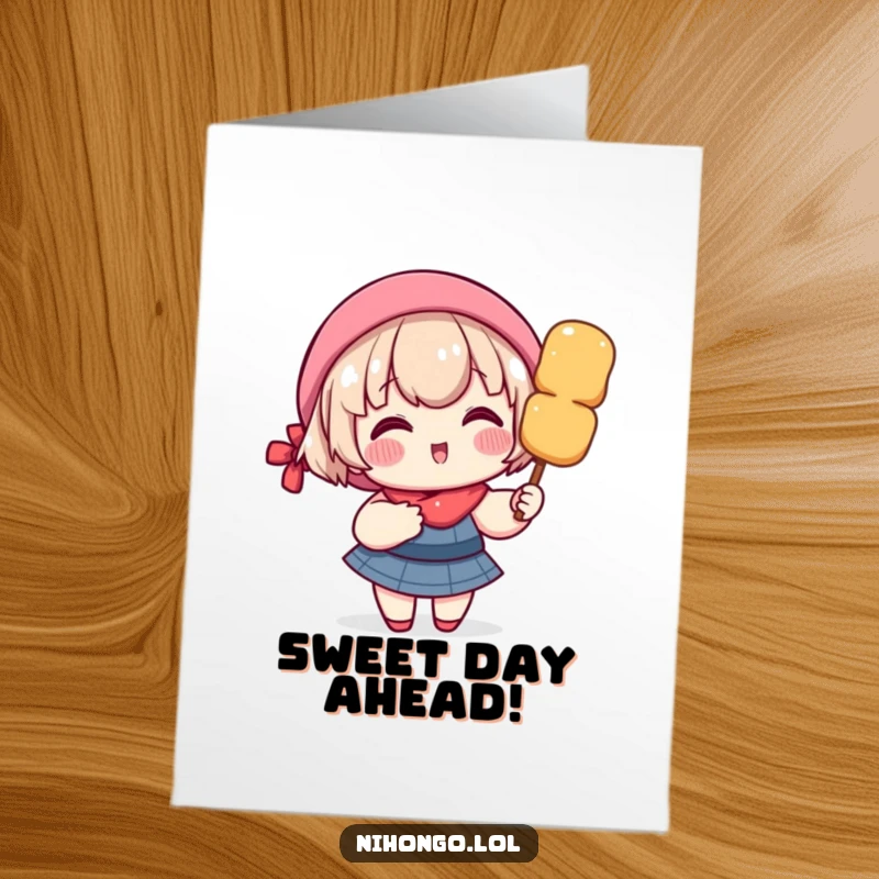 Funny Free Printable Birthday Card: A character with rosy cheeks happily holding a giant skewer of dango.