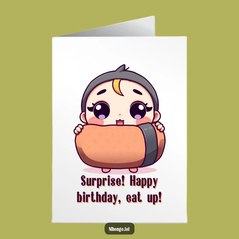Free Printable Birthday Card: Surprised Character Giant Sushi Funny Gift