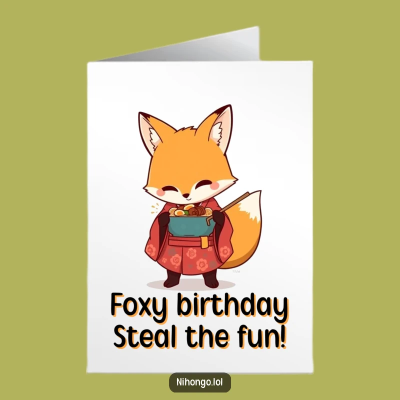 Free Printable Funny Birthday Card: Mischievous Fox Stealing Ramen, Downloadable Fun Gift