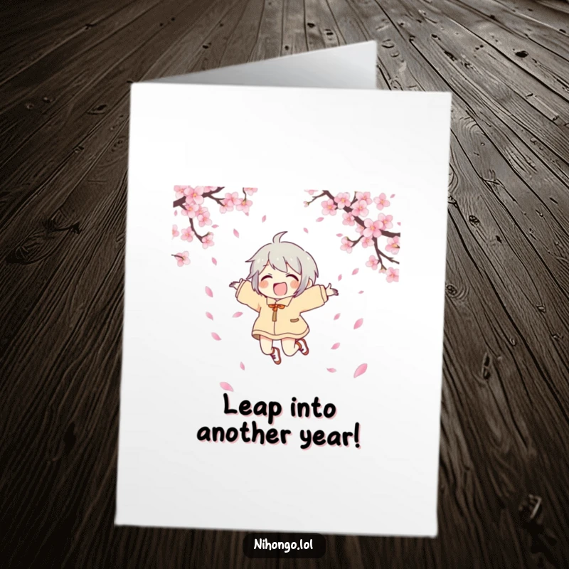 Funny Free Printable Birthday Card: Character Leaping with Joy, Cherry Blossom Petals