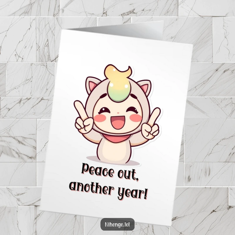 Funny Free Printable Birthday Card featuring a cheerful character giving a peace sign with a big smile and expressive fingers.