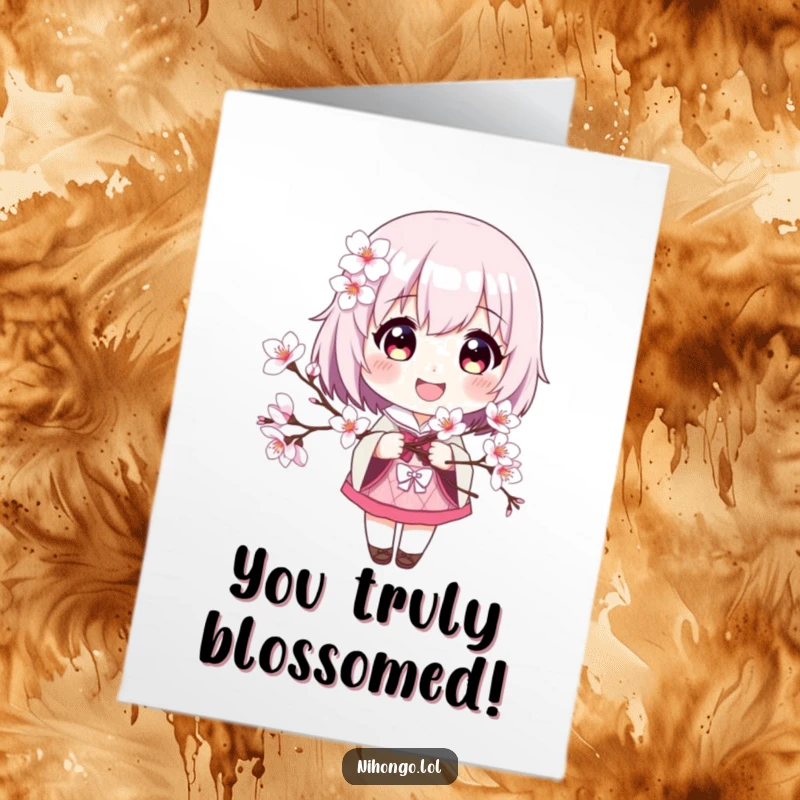 Funny Free Printable Congratulations Card depicting a smiling character holding a vibrant cherry blossom branch, conveying joy and achievement.