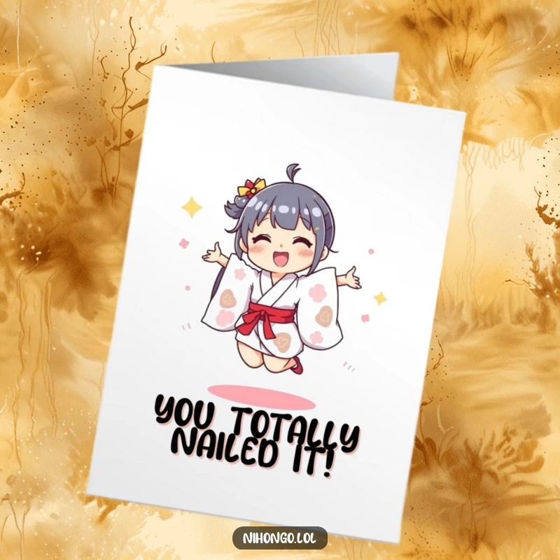 Funny Free Printable Congratulations Card showing a character in a tiny kimono joyfully jumping, celebrating a momentous occasion.