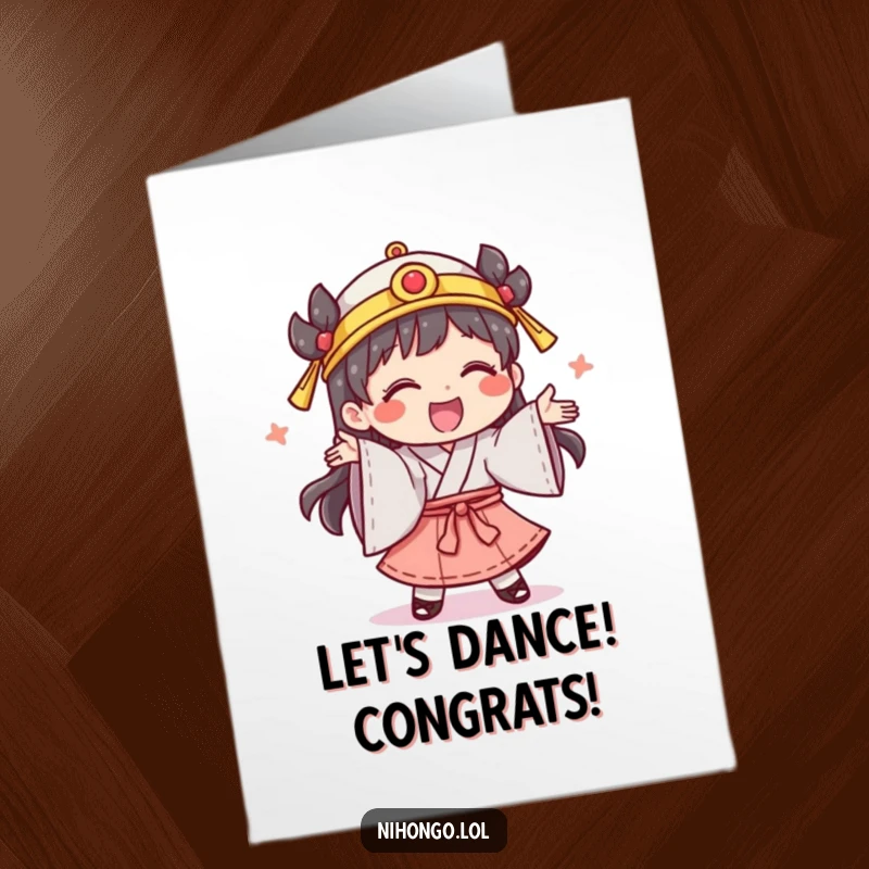 Free Printable Congrats Card: Giggling character in traditional attire enthusiastically performing a silly dance of celebration.