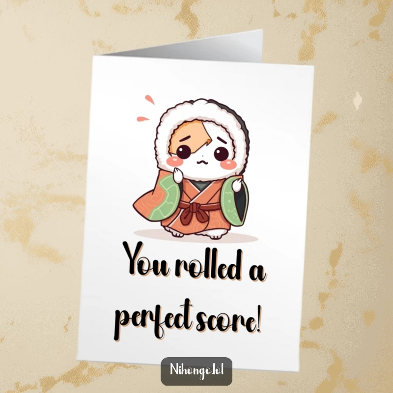 Funny Free Printable Congratulations Card: Sushi roll in a kimono hilariously failing at origami, a funny congrats message.