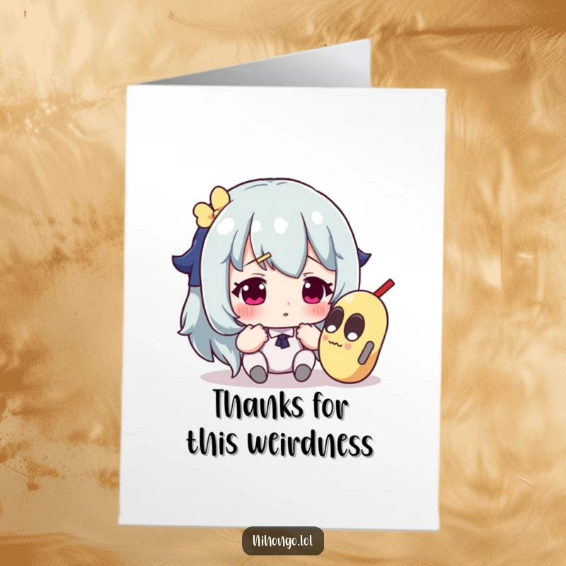 Funny Free Printable Thank You Card: Character looking quizzically at an unusual object, a perfect DIY thank you.