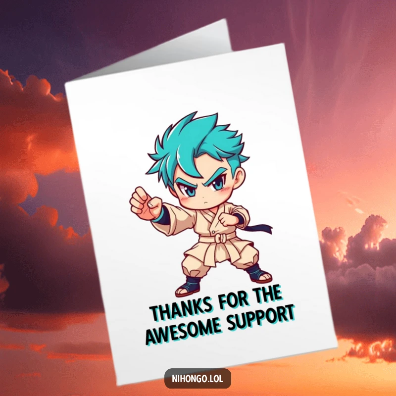 Funny Free Printable Thank You Card: Character in a confident martial arts pose, offering a powerful and humorous thank you.