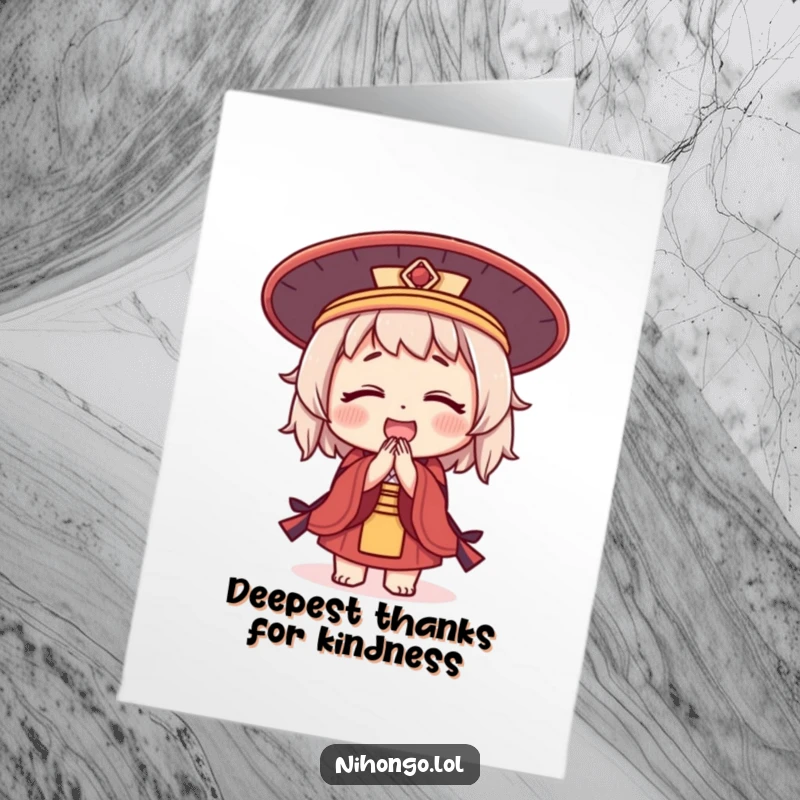 Funny Free Printable Thank You Card: Cute character in Japanese hat bowing deeply to show thanks, perfect for a downloadable DIY gift.