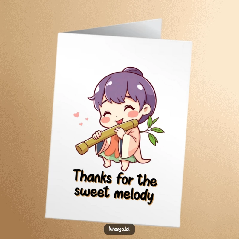 Funny free printable thank you card: A cheerful character with a smile, playing a bamboo flute, sending happy thanks.