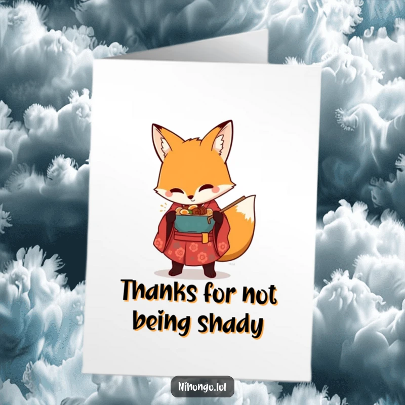 Funny Free Printable Thank You Card: A mischievous fox wearing a kimono is caught red-pawed stealing ramen.