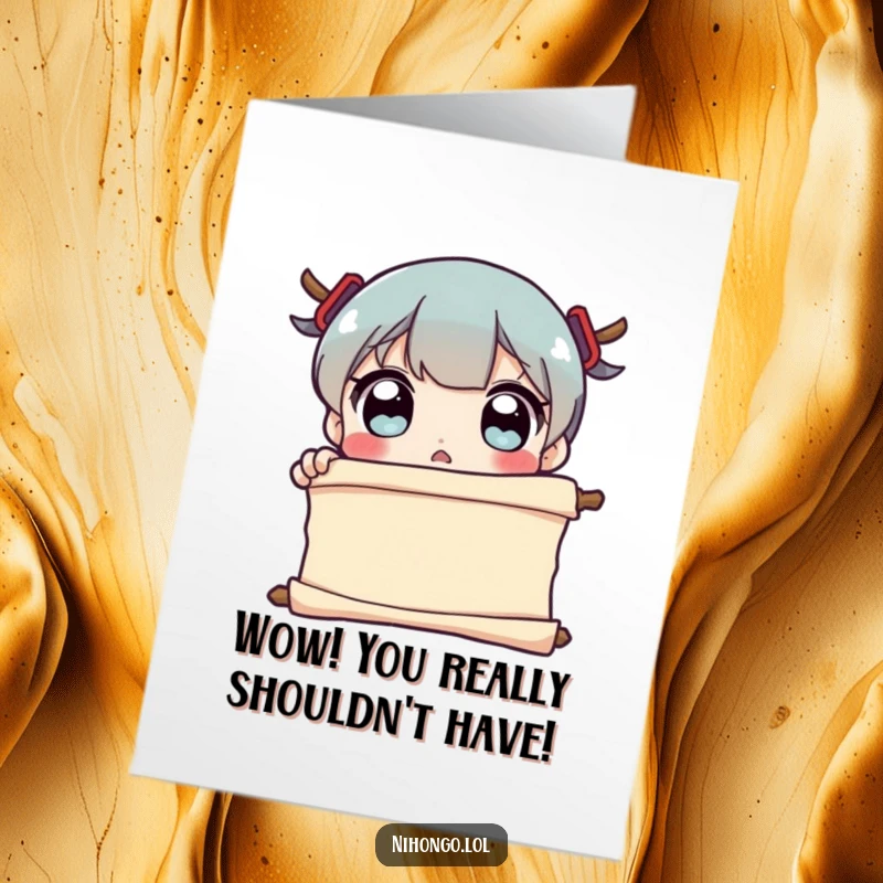 Funny Free Printable Thank You Card: Character with wide, surprised eyes looking at a scroll, conveying shocked gratitude, easily printable.