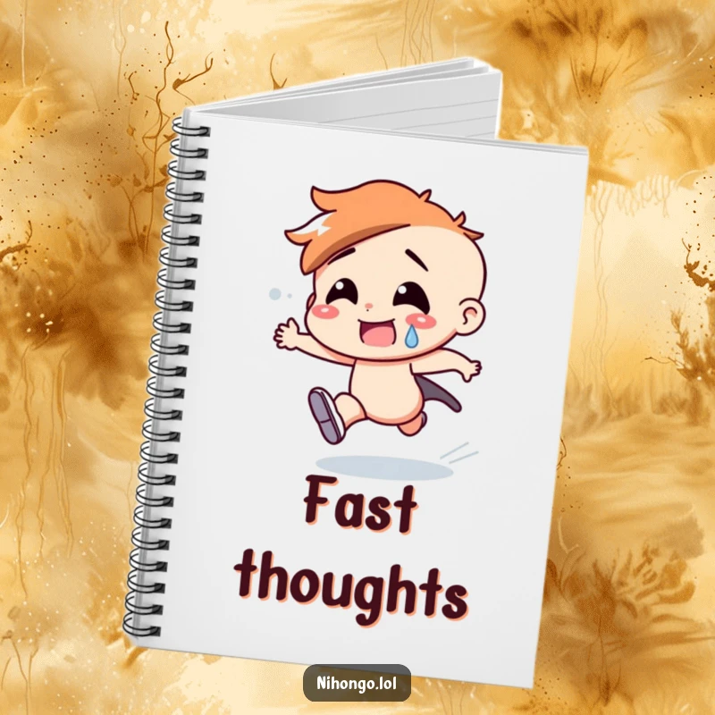 Funny notebook cover featuring a character in a blur of motion, sweating from running fast, for quick notes.