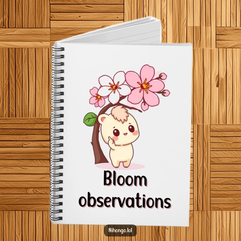 Funny Notebook with a curious character pointing at a stylized cherry blossom, ideal for nature journaling.