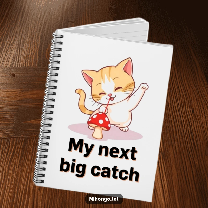 Funny notebook featuring a playful cat chasing a small red mushroom, mistaken for a laser pointer, ideal for notes.