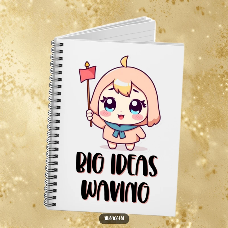 Funny notebook featuring a cute character with big eyes, excitedly waving a small flag, ideal for writing notes.