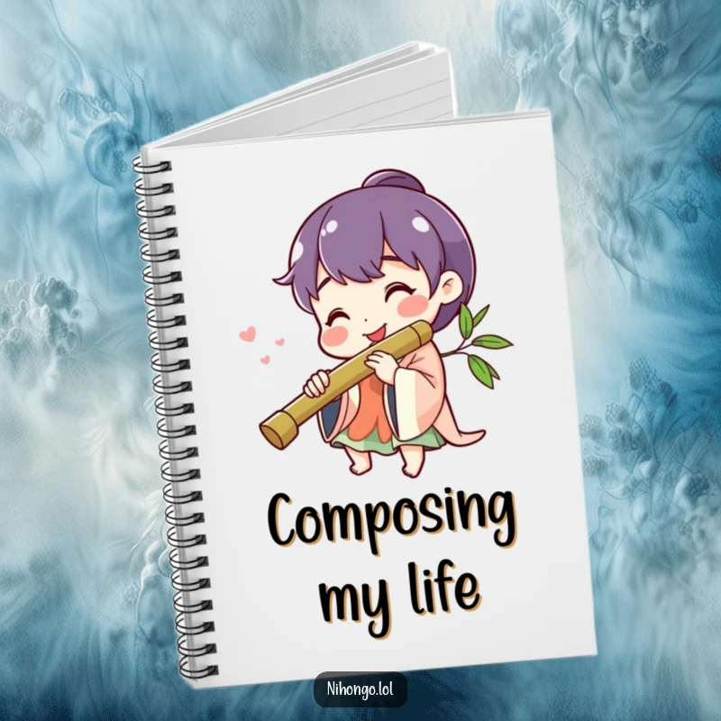 Funny cheerful character smiling, playing a bamboo flute, on a notebook cover, ideal for notes and lyrics.