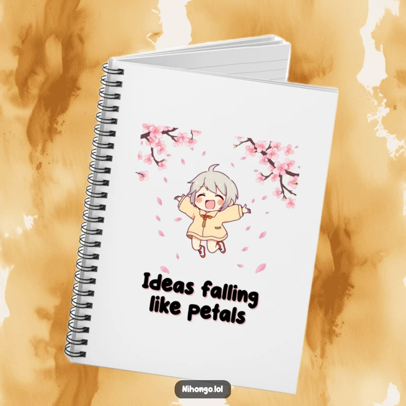 Funny joyful character notebook featuring a character leaping with joy surrounded by cherry blossoms, perfect for journaling happy thoughts with humor.