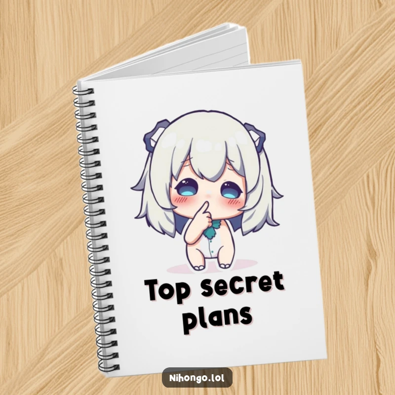 Funny notebook cover featuring a character whispering conspiratorially, finger to lips, perfect for jotting down secret ideas.