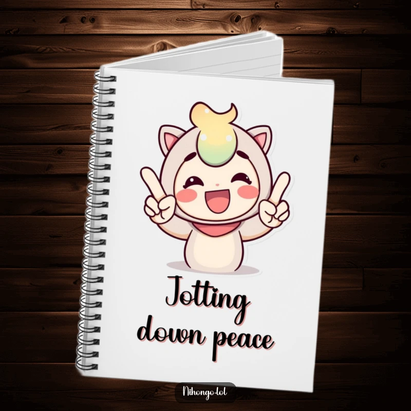 Funny notebook with a cheerful character flashing a peace sign with expressive fingers, ideal for taking notes and doodling ideas.