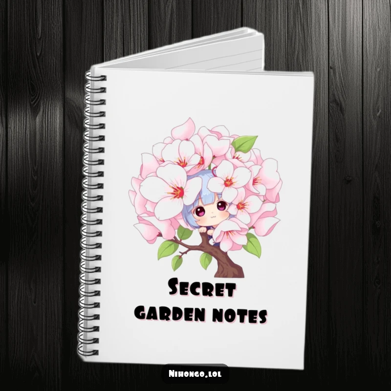 Funny peekaboo notebook: a playful character peeks from behind blooming cherry blossoms, ideal for journaling and notes with a charming theme.