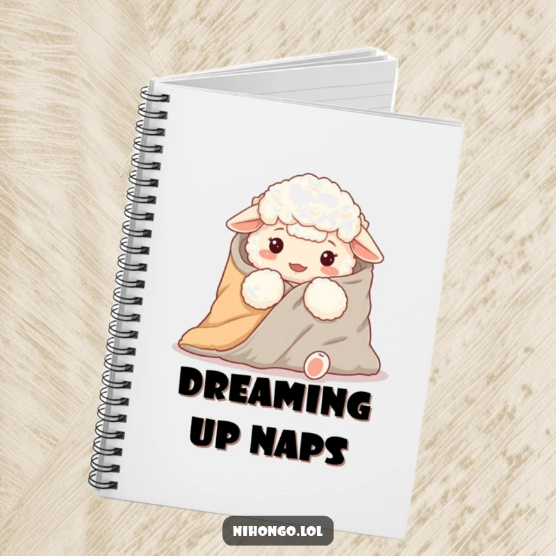 Funny notebook featuring a fluffy sheep attempting to wrap itself in a futon blanket, ideal for notes.