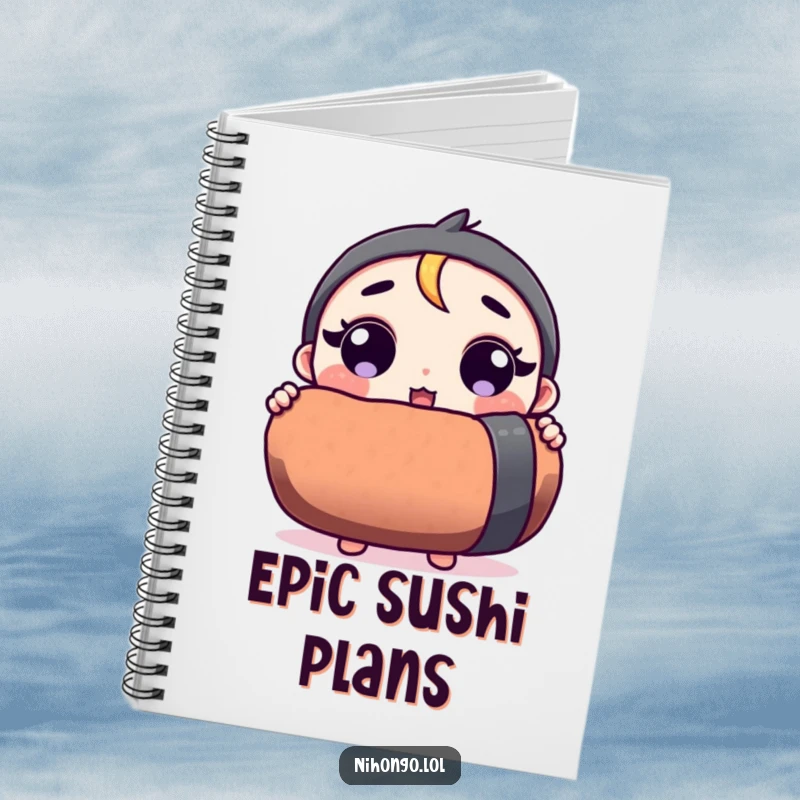 Funny notebook cover featuring a surprised character holding a giant sushi roll, ideal for jotting down ideas.