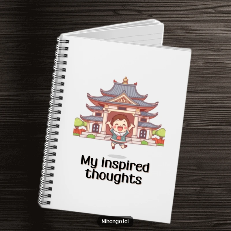Funny notebook with a cute character leaping joyfully in front of a stylized temple, perfect for writing happy notes.