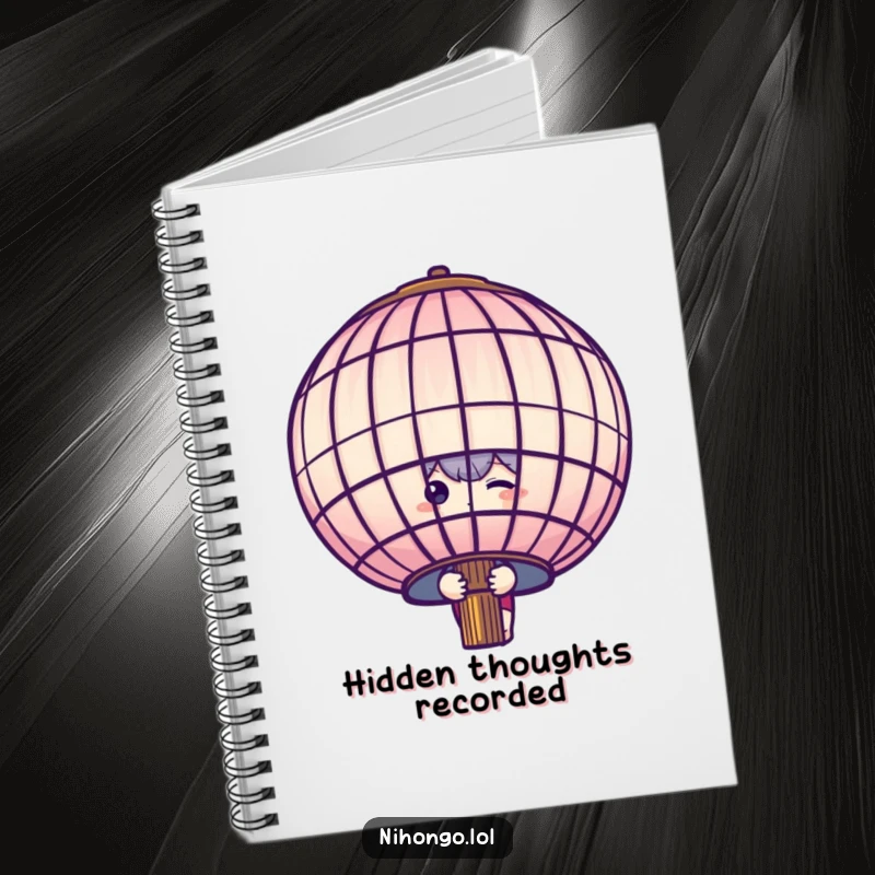 Funny shy character peeking from behind a large paper lantern, on a notebook cover, ideal for notes and observations.