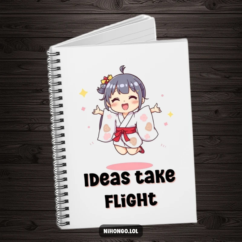 Funny notebook with a cover showing a character in a tiny kimono doing a joyful jump, perfect for jotting down happy moments.