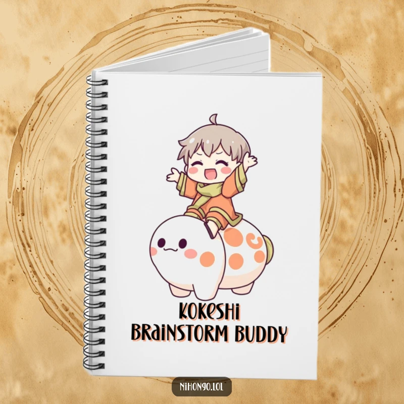 Funny Notebook: A joyful character rides a large, friendly Kokeshi doll, inspiring creative writing and whimsical thoughts with its humor.