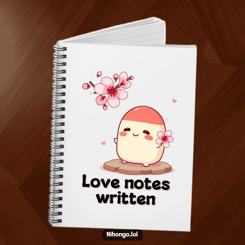 Funny Notebook: A cheerful red bean paste bun offers flowers to a cherry blossom, a humorous notebook for jotting down ideas.