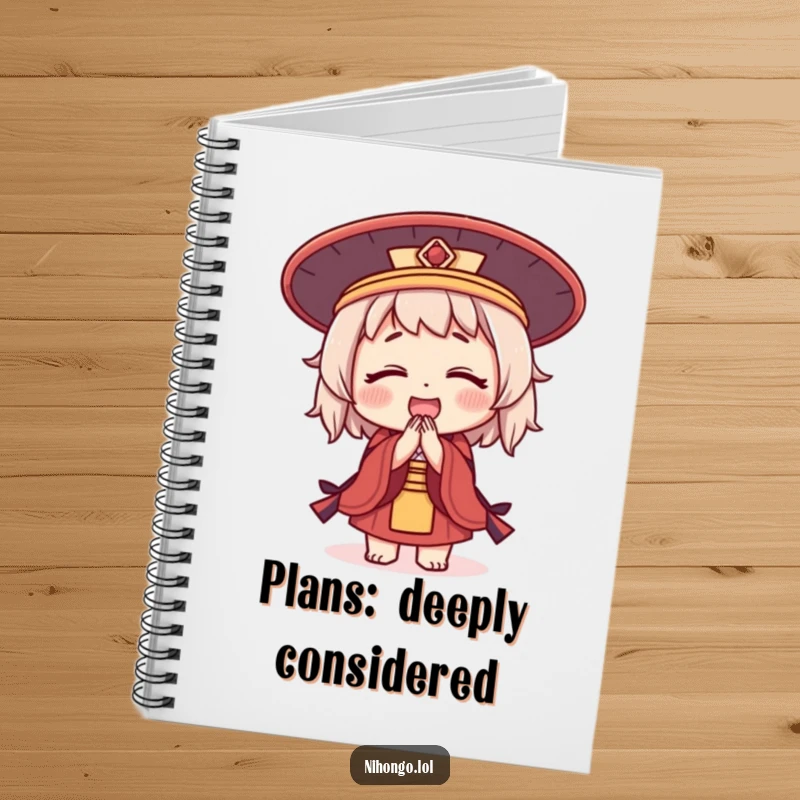 Funny notebook with a cute character in a Japanese hat, bowing deeply, ready to capture your ideas.