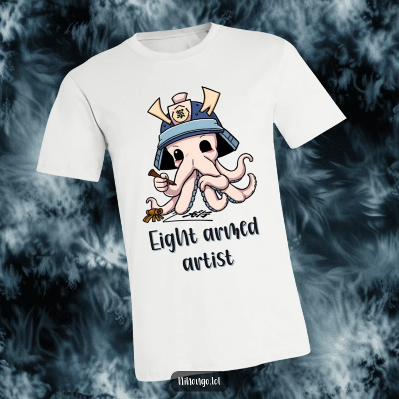 Funny t-shirt design of an octopus in a samurai helmet practicing calligraphy with its tentacles, artistic and humorous.